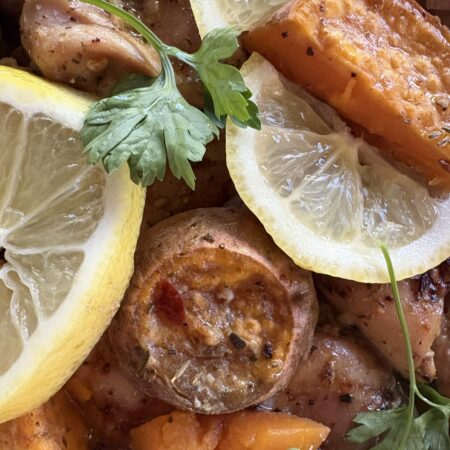 Lemon Chicken & Sweet Potato with cucumber yogurt & cauliflower rice