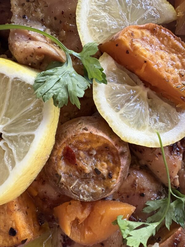 Lemon Chicken & Sweet Potato with cucumber yogurt & cauliflower rice