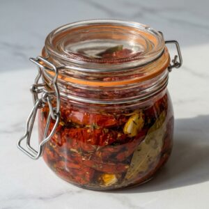 Organic Sano sun-dried tomatoes in extra virgin olive oil in a glass jar