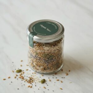 Organic Sano Fibre Seed Blend jar with psyllium, chia, flax and pumpkin seeds