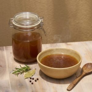 Organic Sano Grass-Fed Bone Broth in a glass jar and stoneware bowl