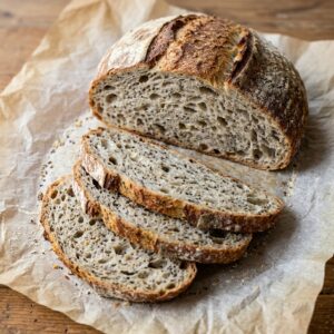 Organic Sano chia and flax sourdough loaf with slices