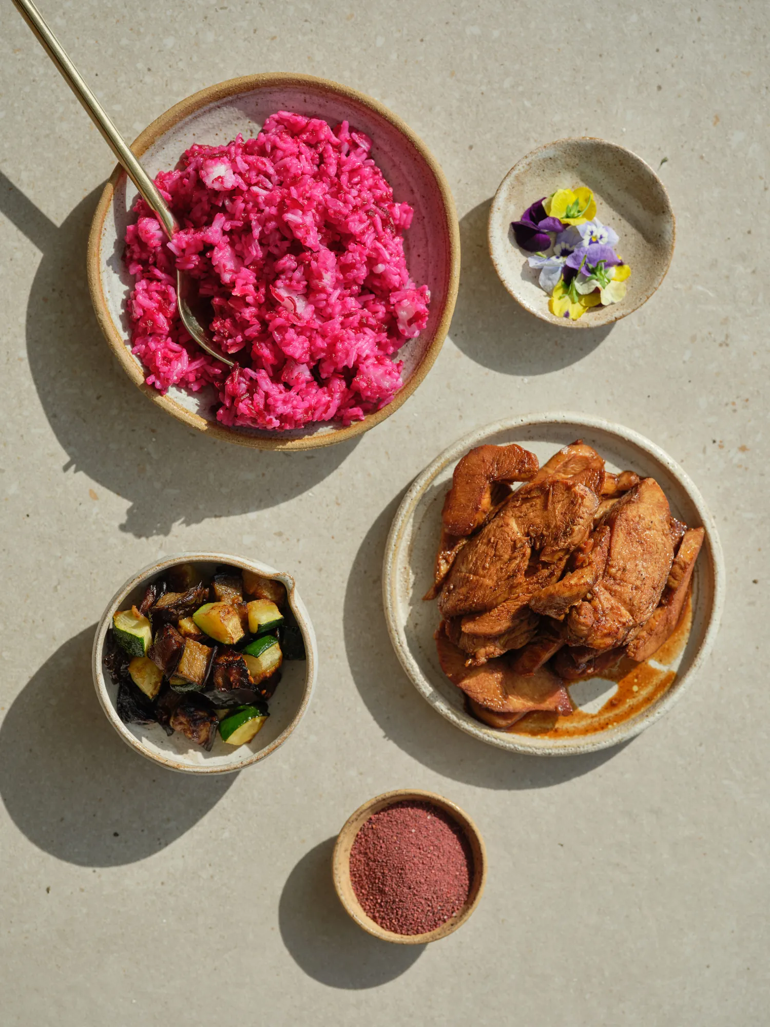 Organic Sano dishes laid out to share at the family table